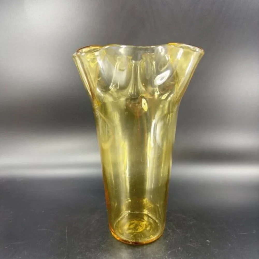 Mid Century Amber Art Glass Vase With Ruffled Top Edges‎ Hand Blown Glass Decor